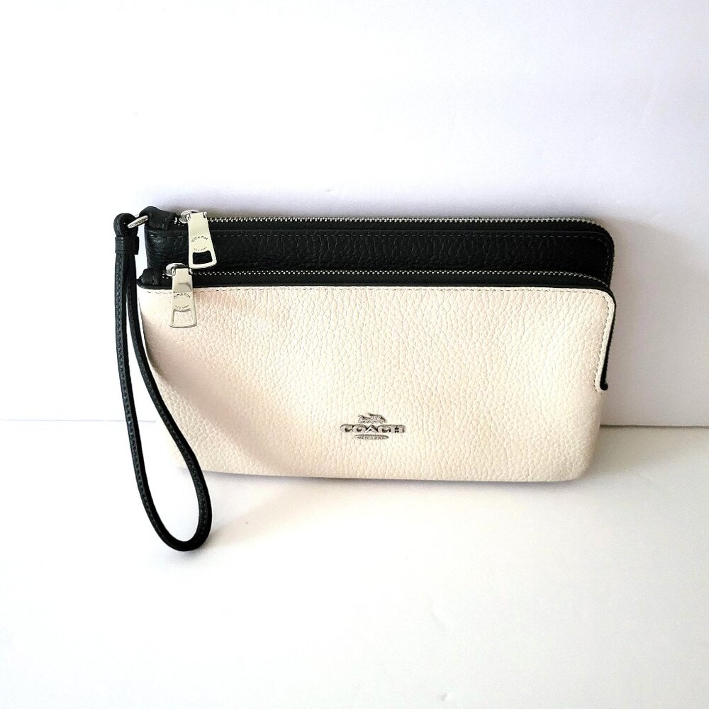Coach CU921 Contrast Leather Double Zip Wallet Clutch Wristlet Chalk Black